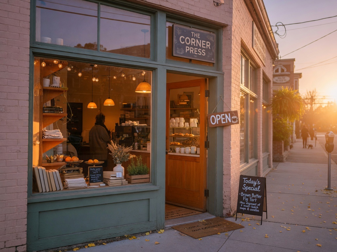 Independent storefront at golden hour, small business ownership