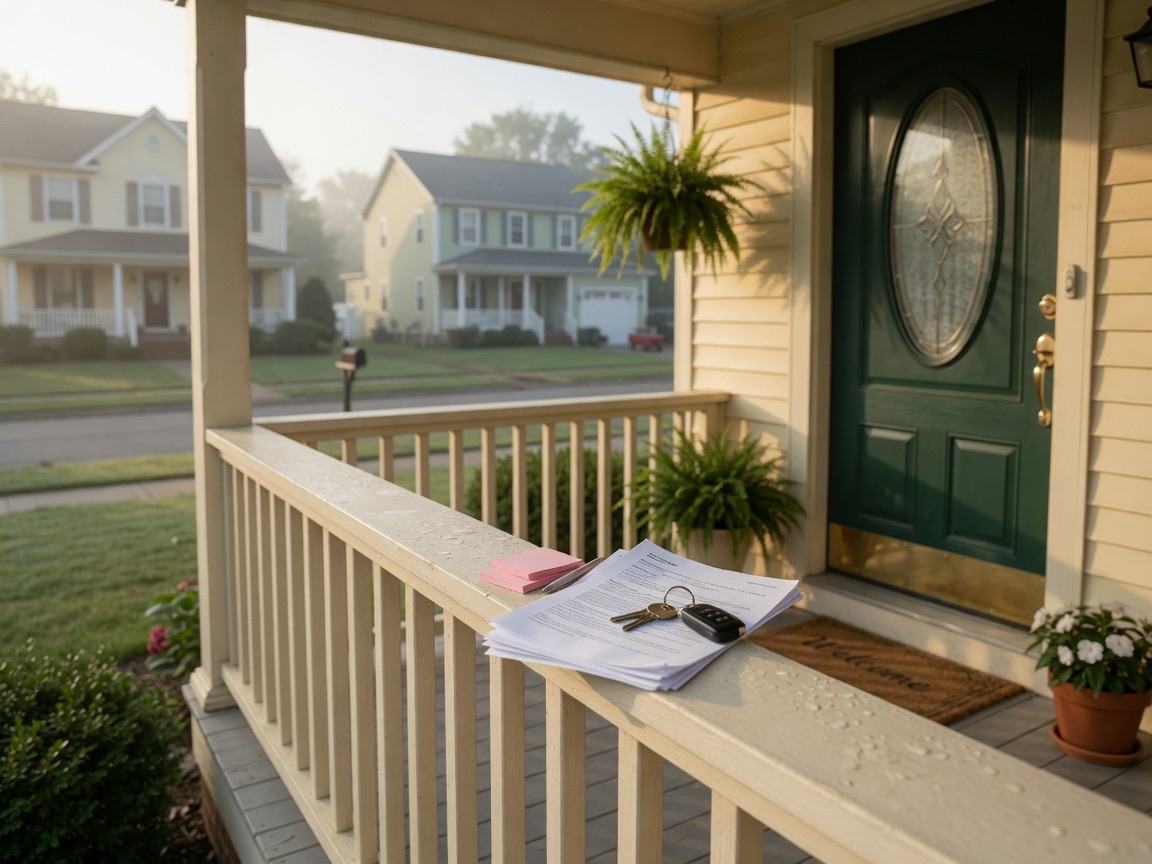 Front porch with house keys and home-buying papers in soft morning light