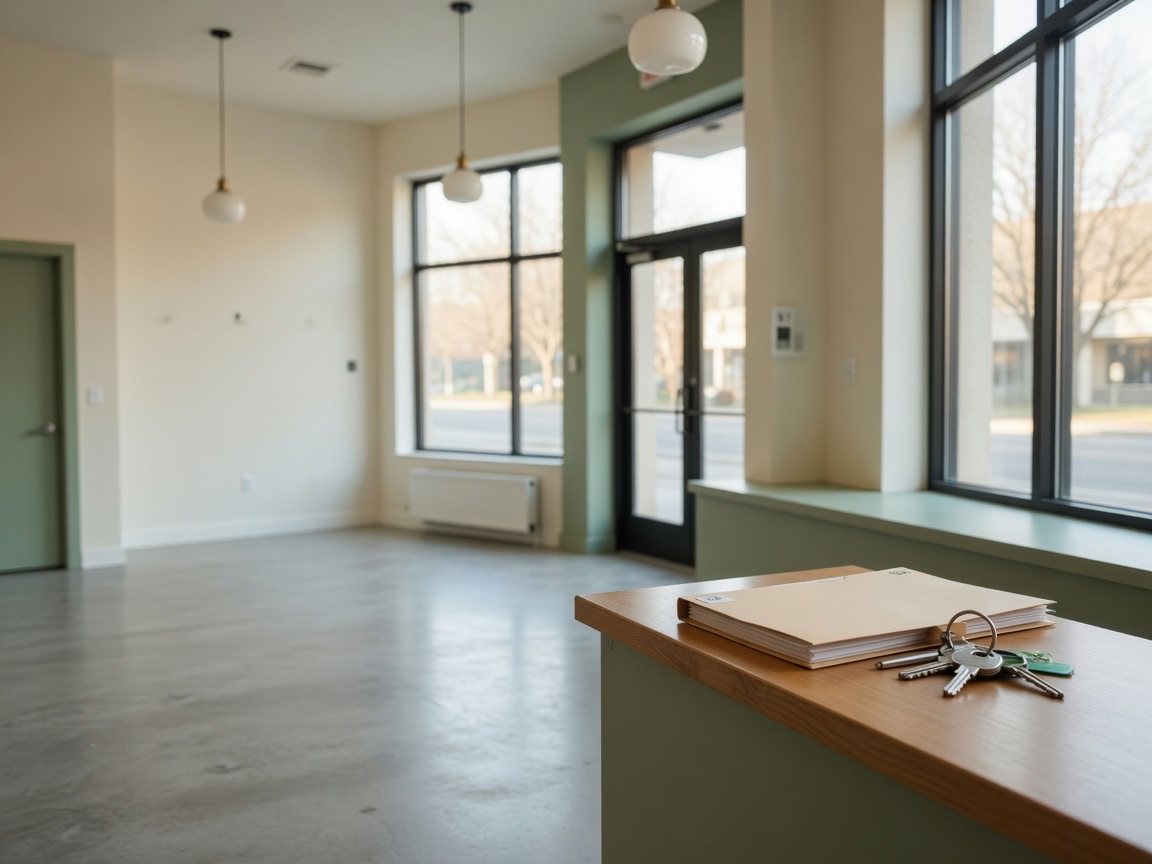 Empty retail space with lease folder and keys on the counter