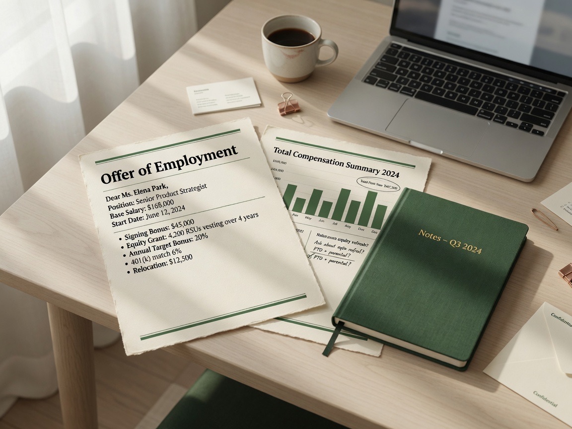 Job offer letter and compensation summary on a desk