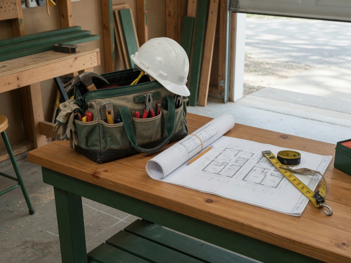 Contractor tool bag, hard hat, and floor plans on a workbench