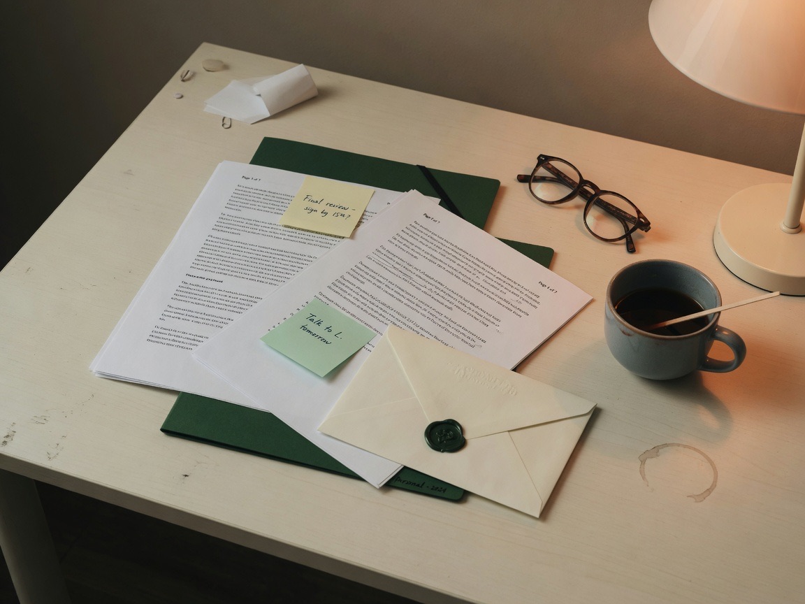 Severance packet and notes on a quiet office desk
